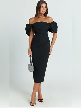 NWT Showpo LOHAN Off-Shoulder Black Midi Dress with Puff Sleeves size 12